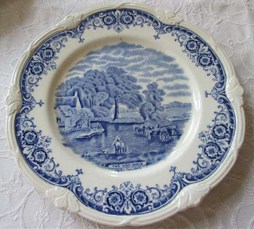 4 x EARLY, GRINDLEY, ENGLAND, SCENES AFTER CONSTABLE, BLUE AND WHITE DINNER PLATES
