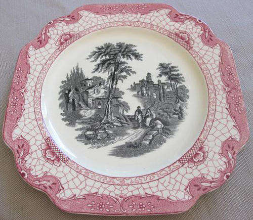 EARLY 1900s  ADAMS BLACK TRANSFER "LANDSCAPE" DESIGN WITH PINK EDGING