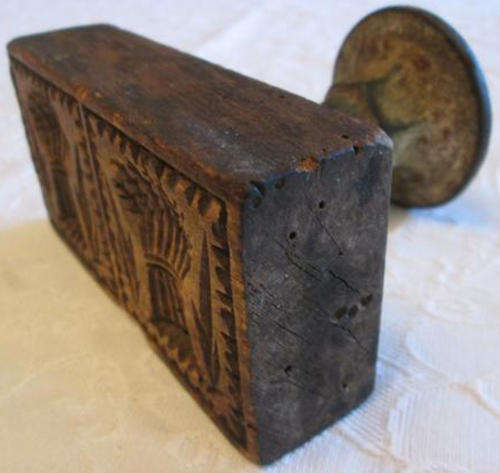 ANTIQUE, DOUBLE SIDED, CARVED WITH WHEAT DESIGN, WOODEN BUTTER STAMP WITH METAL HANDLE