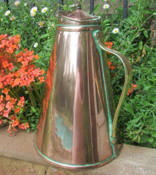 ANTIQUE AND INTERESTING, COLLECTABLE, COPPER JUG WITH ENAMELED LINING, BRASS HANDLE