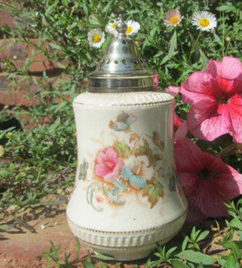 VICTORIAN PORCELAIN SUGAR CASTER, HANDPAINTED OVER TRANSFER,  FLORAL DESIGN, SILVER PLATED TOP.