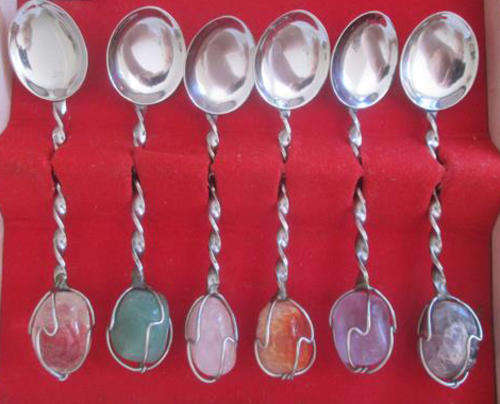 BOXED SET OF SIX, SILVER METAL,  SPOONS WITH SEMI PRECIOUS STONES