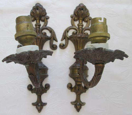 LOW START !!! VINTAGE PAIR OF ORNATE, CAST METAL, ELECTRIC CANDLE SCONCE, WALL LIGHTS