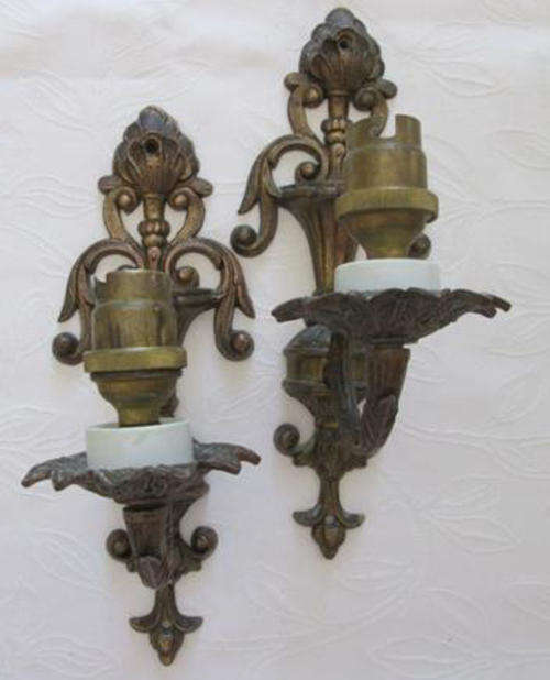 LOW START !!! VINTAGE PAIR OF ORNATE, CAST METAL, ELECTRIC CANDLE SCONCE, WALL LIGHTS