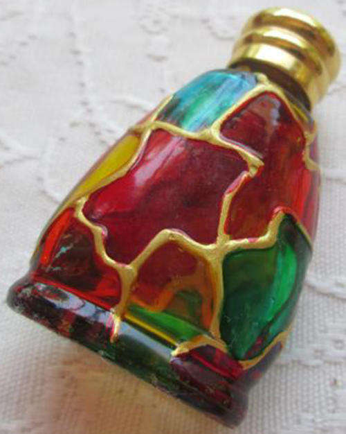 PAINTED GLASS PERFUME BOTTLE WITH BRASS LID/