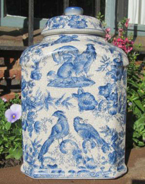 BLUE AND WHITE  PORCELAIN CONTAINER  " FRENCH COUNTRY " LOOK WITH A CRACKLED EFFECT