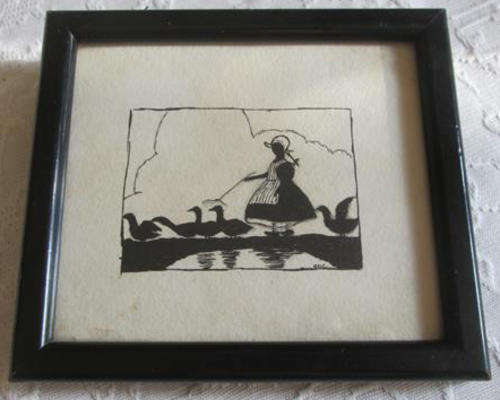MINIATURE,  VINTAGE  FRAMED BLACK INK DRAWING ON PAPER