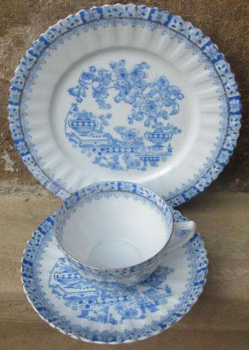 ANTIQUE BLUE AND WHITE GERMAN FINE PORCELAIN TRIO, ROSSLAU