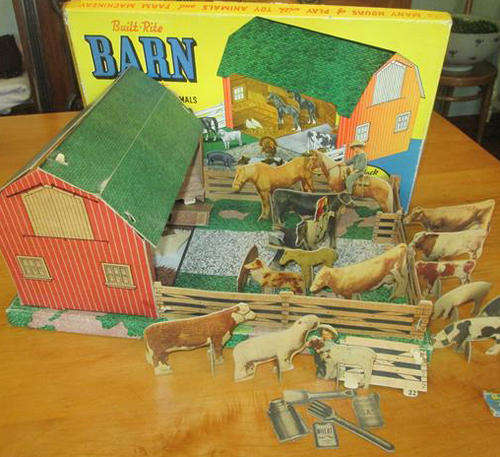 RARE !!!   VINTAGE 1930s  BUILT - RITE BARN AND FARMYARD WITH PEOPLE AND ANIMALS