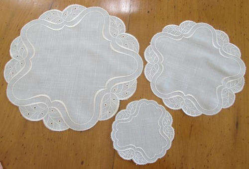 SET OF THREE LINEN VINTAGE DOILEYS, PALE BLUE WITH WHITE EMBROIDERY