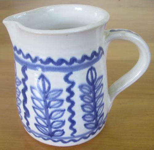 Vintage Hand Thrown Stoneware Milk Jug with Hand Painted Blue Design