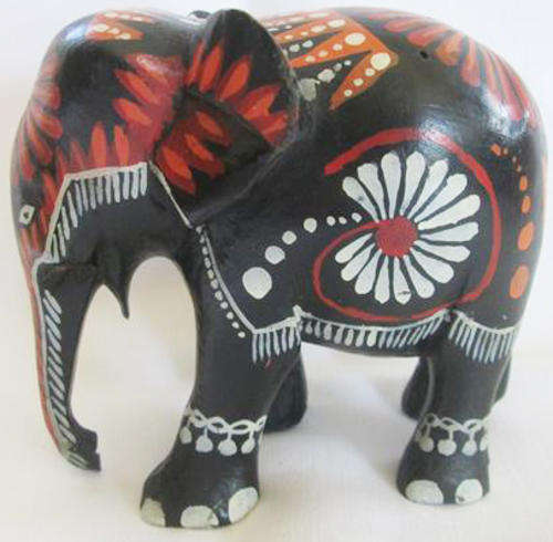 HAND CARVED AND PAINTED DECORATIVE WOODEN ELEPHANT DRESSED FOR A CELEBRATION !!!
