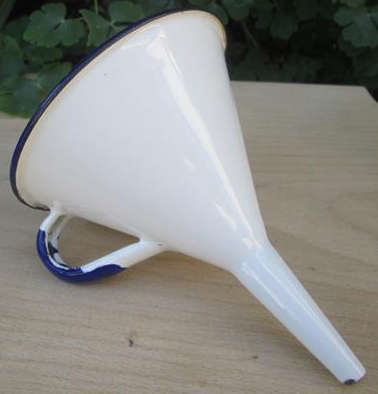 VINTAGE, ENAMEL FUNNEL, WHITE WITH BLUE TRIM MADE IN YUGOSLAVIA