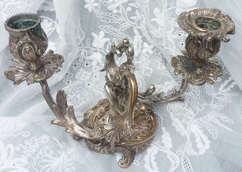 VINTAGE, SILVER PLATED OVER BRASS "SHABBY CHIC" ORNATE DOUBLE CANDELABRA