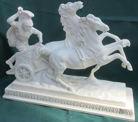 A.SANTINI,, SIGNED CLASSIC ALABASTER SCULPTURE OF A ROMAN SOLDIER RIDING  A CHARIOT WITH 2 HORSES