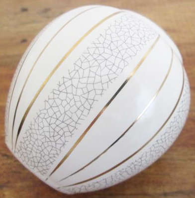 Vintage Signed Studio Bud Vase, Cream with Gold Stripes and Hand Painted Raku Design