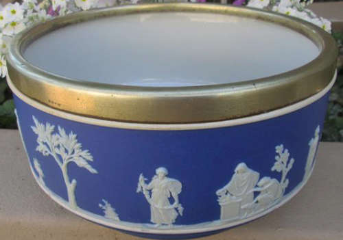 VINTAGE DARK BLUE WEDGWOOD SALAD BOWL WITH SILVER PLATED RIM