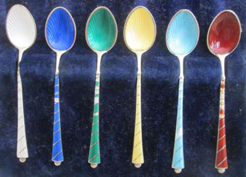 VINTAGE SET OF 6 x  DANISH STERLING SILVER 9295 DEMITASSE SPOONS WITH ENAMELED HANDLES