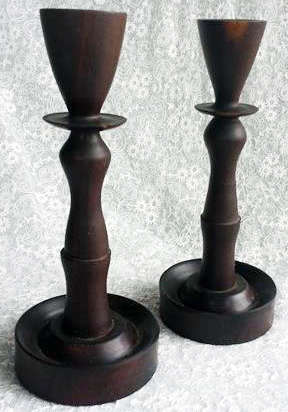 PRICED TO SELL........HAND TURNED, WOODEN MATCHING PAIR OF CANDLESTICKS, STINK WOOD ???