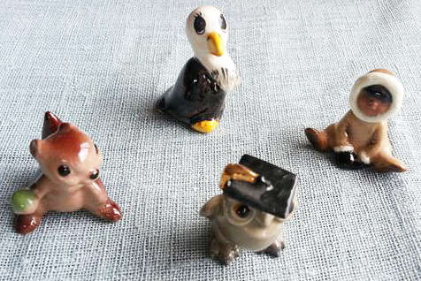 SET OF 4 x VINTAGE MINIATURE PORCELAIN FIGURINES, OWL, PELICAN, SQUIRREL, ESKIMO.