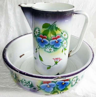 VINTAGE / ANTIQUE  ENAMEL JUG AND BASIN, WITH PANSY DESIGN.