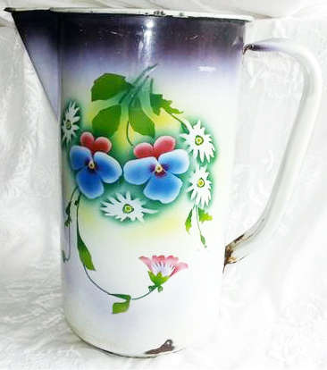 VINTAGE / ANTIQUE  ENAMEL JUG AND BASIN, WITH PANSY DESIGN.