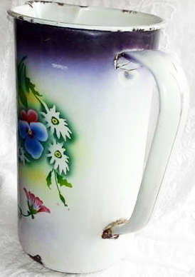 VINTAGE / ANTIQUE  ENAMEL JUG AND BASIN, WITH PANSY DESIGN.
