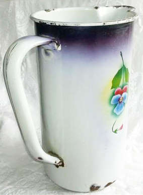 VINTAGE / ANTIQUE  ENAMEL JUG AND BASIN, WITH PANSY DESIGN.
