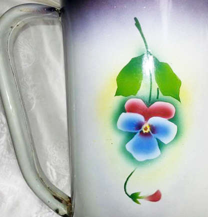 VINTAGE / ANTIQUE  ENAMEL JUG AND BASIN, WITH PANSY DESIGN.