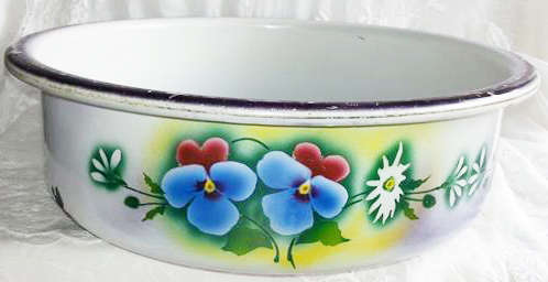 VINTAGE / ANTIQUE  ENAMEL JUG AND BASIN, WITH PANSY DESIGN.