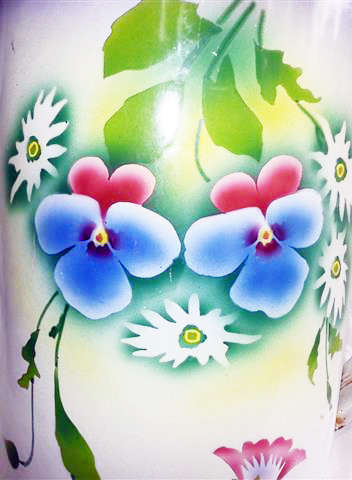 VINTAGE / ANTIQUE  ENAMEL JUG AND BASIN, WITH PANSY DESIGN.