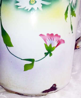 VINTAGE / ANTIQUE  ENAMEL JUG AND BASIN, WITH PANSY DESIGN.