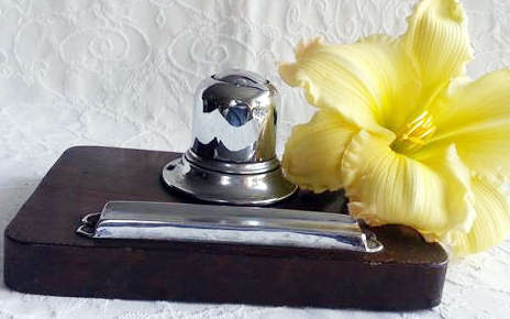 ANTIQUE, ART DECO WOODEN TEAK ?  CHROME PEN REST AND INK WELL WITH SPRING LOADED LID