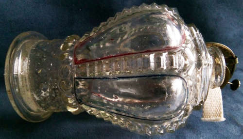 COMPLETE, EARLY 1900s DETAILED PRESSED GLASS KEROSENE / OIL BURNING LAMP. COLD PAINTED DETAIL