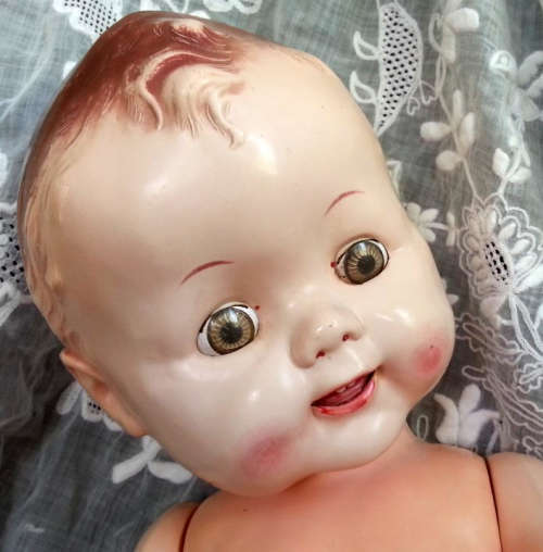 CUTE AND CUDDLY, RODDY 21 INCH VINTAGE HARD PLASTIC DRESSED BABY DOLL  1940s -50s MADE IN ENGLAND