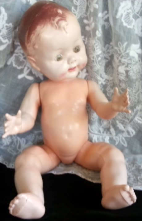 CUTE AND CUDDLY, RODDY 21 INCH VINTAGE HARD PLASTIC DRESSED BABY DOLL  1940s -50s MADE IN ENGLAND