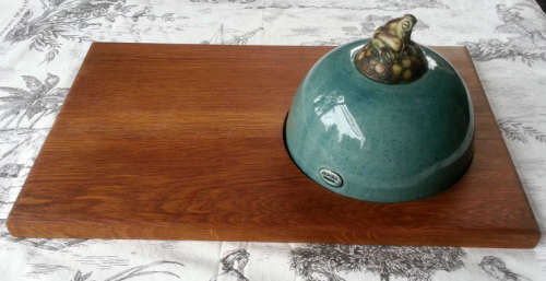 WOODEN CHEESE BOARD WITH TURNED POTTERY CHEESE DOME, MADE BY ZULU LULU