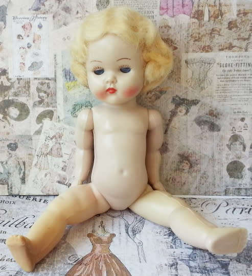 VINTAGE ROSEBUD BABY DOLL, BLONDE MOHAIR WIG, BLUE OPEN / SHUT EYES, ORIGINAL CLOTHING.