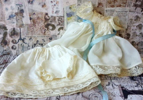 VINTAGE ROSEBUD BABY DOLL, BLONDE MOHAIR WIG, BLUE OPEN / SHUT EYES, ORIGINAL CLOTHING.