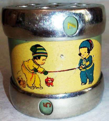 RARE 1930s  VIYELLA ENAMEL KNITTING NEEDLE GAUGE AND COUNTER WITH A MABEL LUCIE ATTWELL TRANSFER