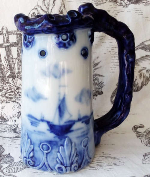 ANTIQUE GERMAN PUZZLE JUG, MADE BY VULKAN.....HAND PAINTED FLOW BLUE, NAUTICAL SCENE.