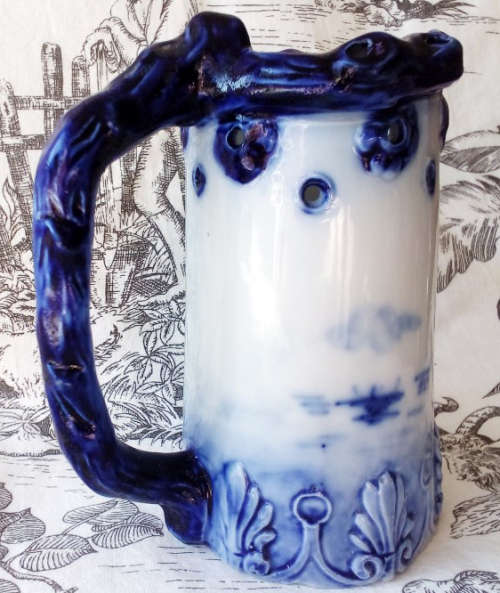 ANTIQUE GERMAN PUZZLE JUG, MADE BY VULKAN.....HAND PAINTED FLOW BLUE, NAUTICAL SCENE.