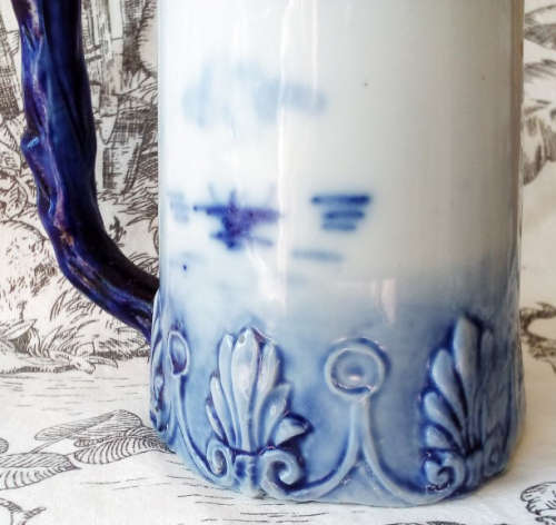 ANTIQUE GERMAN PUZZLE JUG, MADE BY VULKAN.....HAND PAINTED FLOW BLUE, NAUTICAL SCENE.