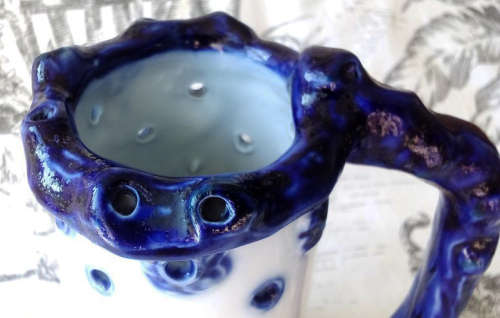 ANTIQUE GERMAN PUZZLE JUG, MADE BY VULKAN.....HAND PAINTED FLOW BLUE, NAUTICAL SCENE.