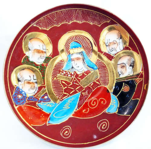 VINTAGE ORIENTAL COFFEE DUOS, HAND PAINTED SATSUMA MORIAGE DESIGN WITH GEISHA GIRL