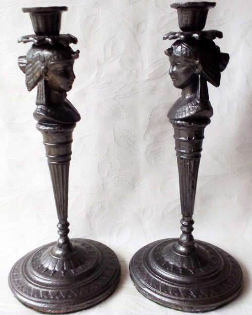 PAIR OF MATCHING EGYPTIAN DESIGN SOLID BRASS CANDLESTICKS COLOURED TO LOOK LIKE PEWTER