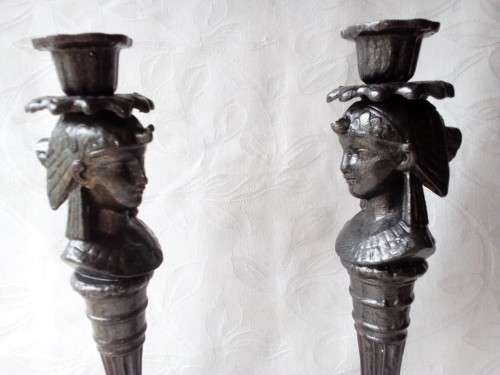 PAIR OF MATCHING EGYPTIAN DESIGN SOLID BRASS CANDLESTICKS COLOURED TO LOOK LIKE PEWTER