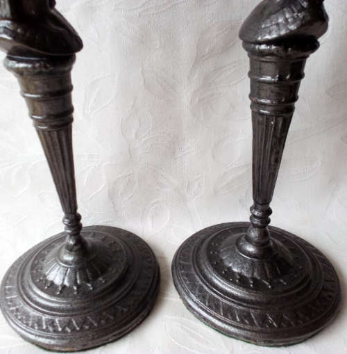 PAIR OF MATCHING EGYPTIAN DESIGN SOLID BRASS CANDLESTICKS COLOURED TO LOOK LIKE PEWTER