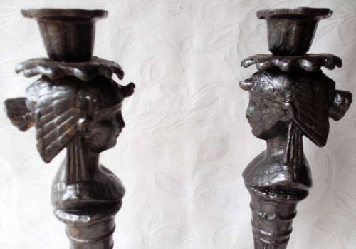 PAIR OF MATCHING EGYPTIAN DESIGN SOLID BRASS CANDLESTICKS COLOURED TO LOOK LIKE PEWTER