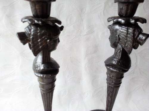 PAIR OF MATCHING EGYPTIAN DESIGN SOLID BRASS CANDLESTICKS COLOURED TO LOOK LIKE PEWTER